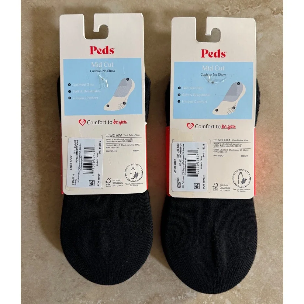 Peds‎ Liner Socks Women Medium 5-10 Black Mid Cut No-Show Cushion 6 Pairs NEW